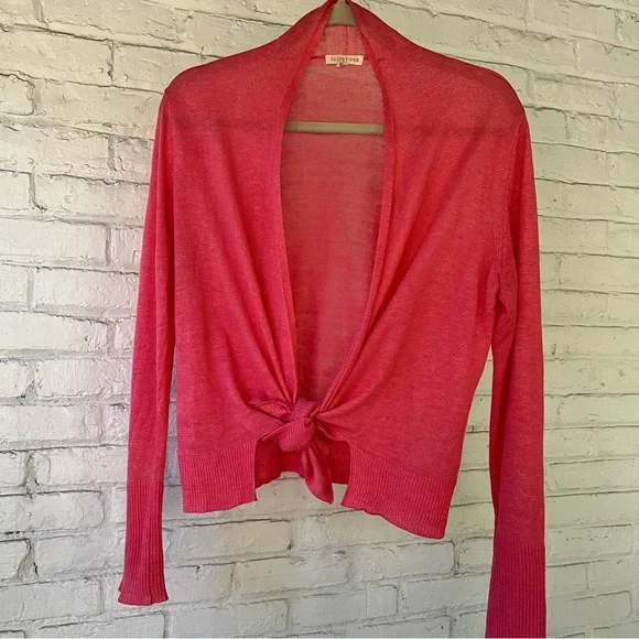 EILEEN FISHER Coral Pink Linen Tie-Front Cardigan - Picture 1 of 9
